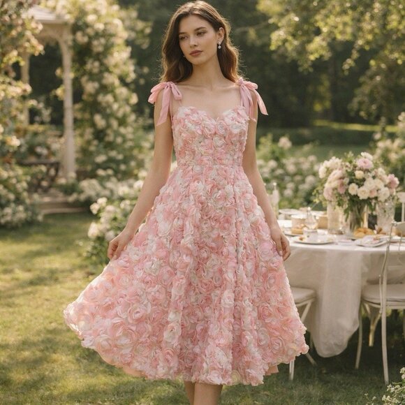 Lulus Womens Coquette Fairycore Floral Rosette Dress Size S Cottagecore Princess - Picture 3 of 15